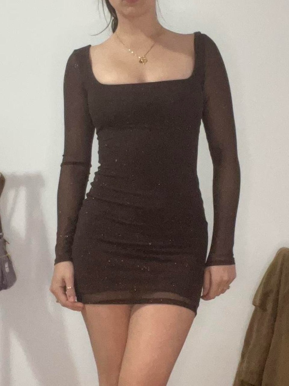 Windsor Brown Square Neck Sheer Sleeve Mini Dress